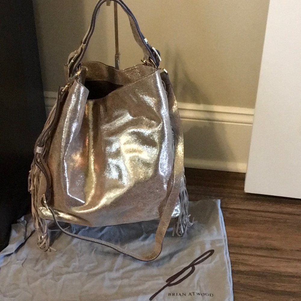 Brian Atwood Gold Leather Fringe Bag